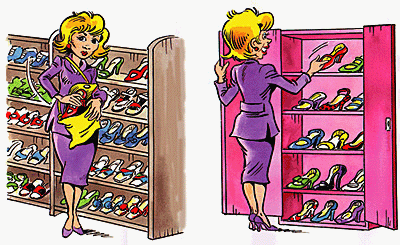 A kleptomaniac adds another stolen shoe to her collection.