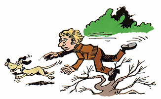 A biped (man) is impeded while running with his quadruped friend.